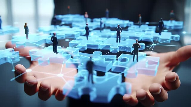 Hands Holding Illuminated Puzzle Pieces With Miniature People Representing Connection Strategy and Teamwork in a Technology Concept