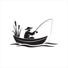 Silhouette of a person fishing from a boat with reeds