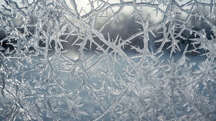 Fine frost textures and crystal ice formations on a window