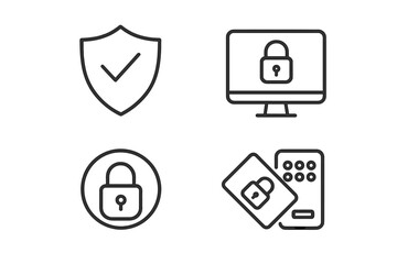 Cybersecurity thin line icons set. Digital protection and data privacy. Secure access and internet safety concept. Shield, padlock, computer, and phone vector illustration.