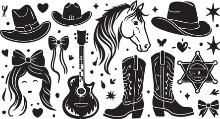 Western elements cowboy hats boots horse guitar girl sheriff star horse head acoustic guitar