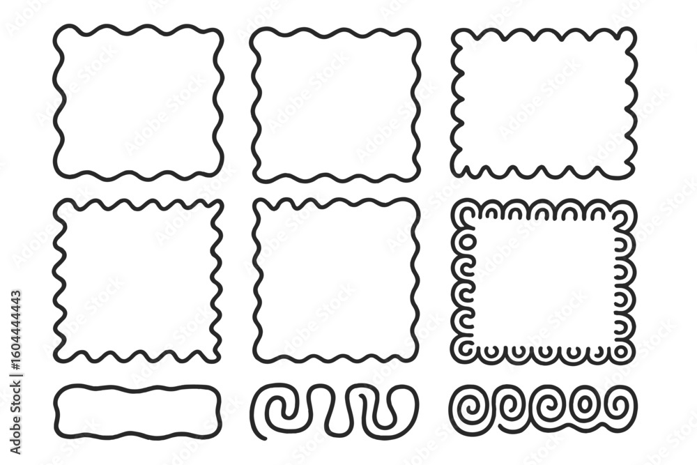 Poster collection of hand-drawn wavy border and squiggle frames. set of abstract decorative doodle elements
