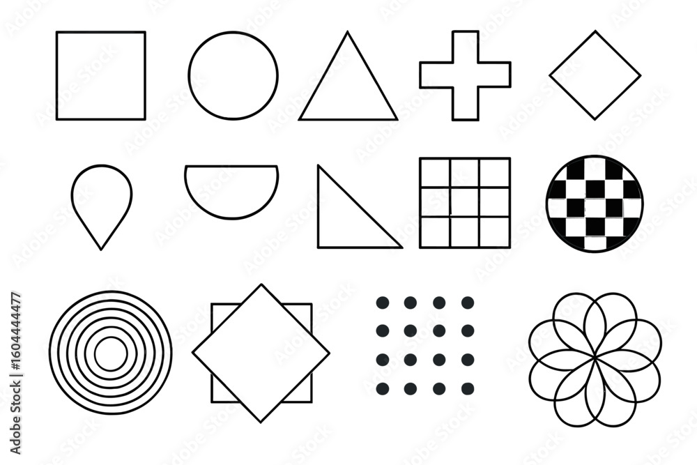 Poster big set of basic geometric shapes and figures. simple and complex forms. minimalist abstract symbols