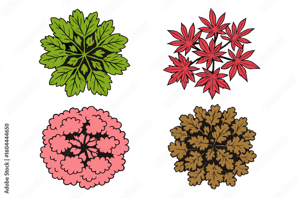 Poster tree top view vector icon set. plants and foliage symbols for landscape architecture design plan. pa
