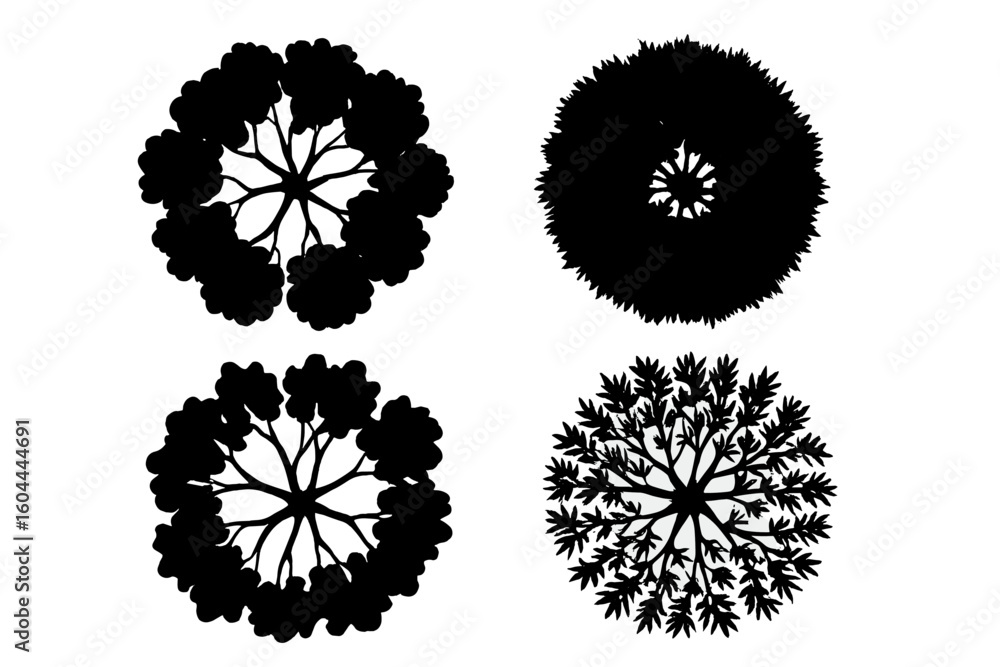 Poster tree top view vector set. collection of various tree foliage silhouettes for landscape design and ar
