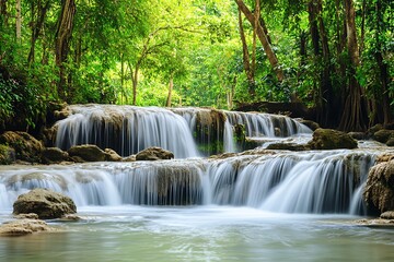 Obraz premium Serene waterfall cascading through lush green forest landscape in Erawan National Park, Thailand