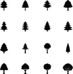 Collection of various tree icons in silhouette style