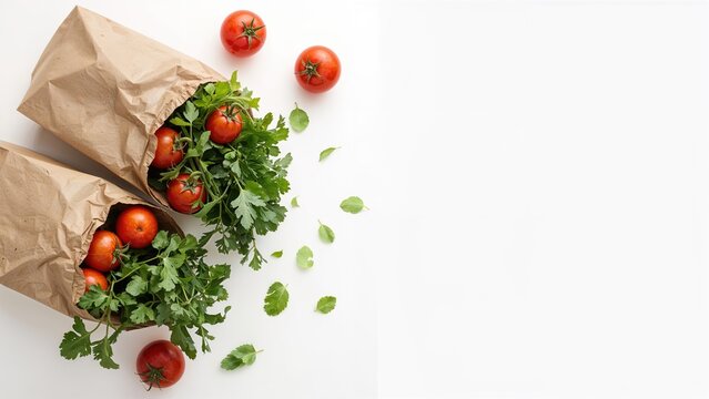 Promotional design with an overhead perspective of two paper bags loaded with fresh vegetables placed on a white background, including some ripe tomatoes. Space left blank for customization.