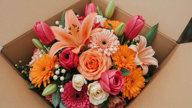 Delivery-ready floral box with orange roses, lilies, and gerbera blooms.