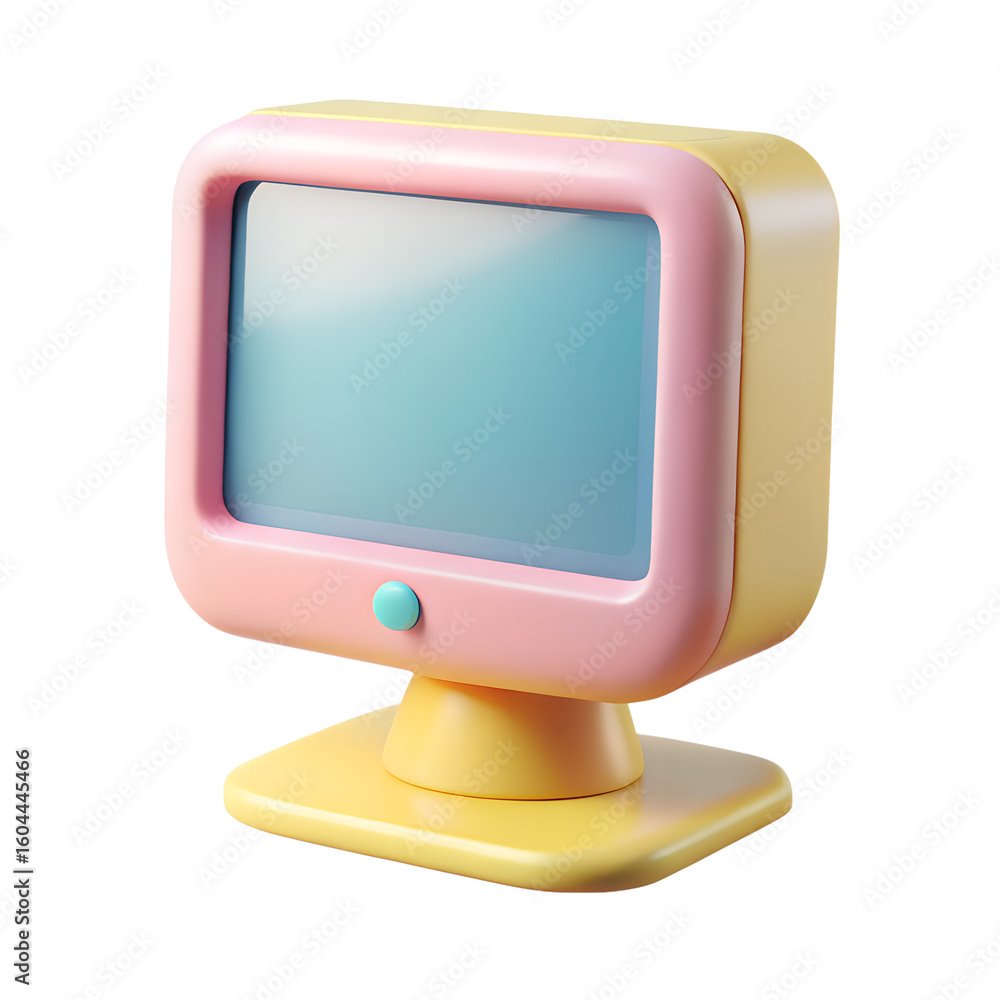 Poster retro computer monitor with pink bezel and yellow casing displaying a light blue screen evoking nost