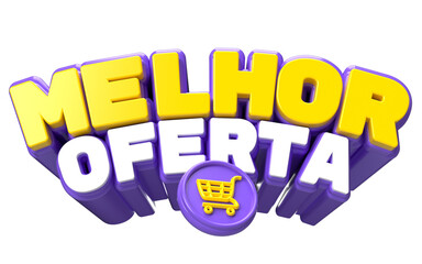 Texto 3D MELHOR OFERTA roxo com ícone de carrinho, estilo comercial vibrante