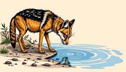 an illustration depicts a coyote standing by water, seemingly quenching its thirst with a small drink from the pond. the animal's posture suggests attentiveness to its surroundings while it drinks