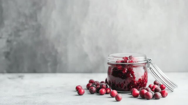 Homemade cranberry sauce in glass jar, fresh cranberries on marble surface with gray background