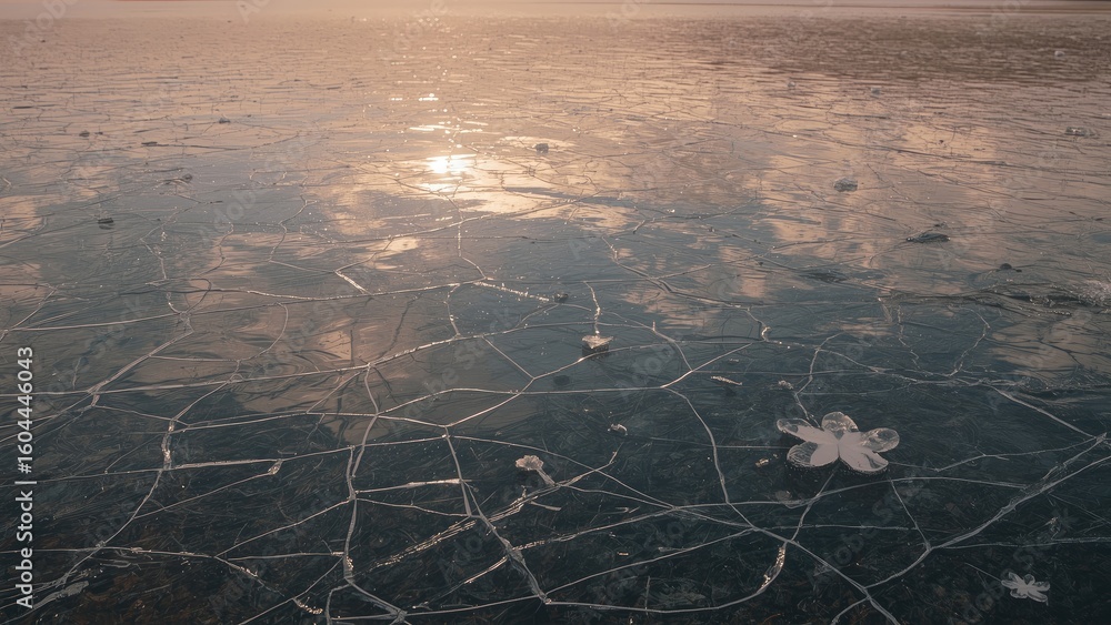 Poster evening view of a spring lake with transparent ice fractures and reflected clouds