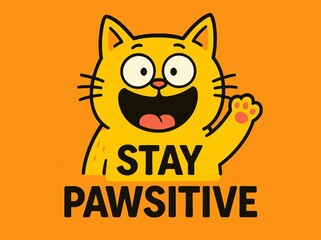Funny Cartoon Cat with ‘Stay Pawsitive’ Quote – Cute Yellow Cat Waving on Orange Background