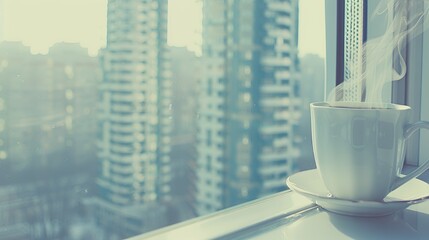 A steaming cup of coffee on a cafe table, warmed by morning sunlight.