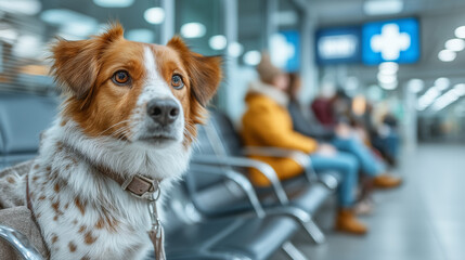 Dog waiting calmly at veterinary clinic with people in background  