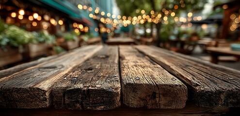 Rustic wooden table in front of a blurred background with bokeh string lights