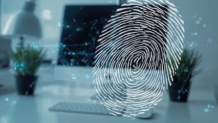 An abstract fingerprint image combined with multi-exposure technique and a computer device in the background, depicting the concept of digital identification.