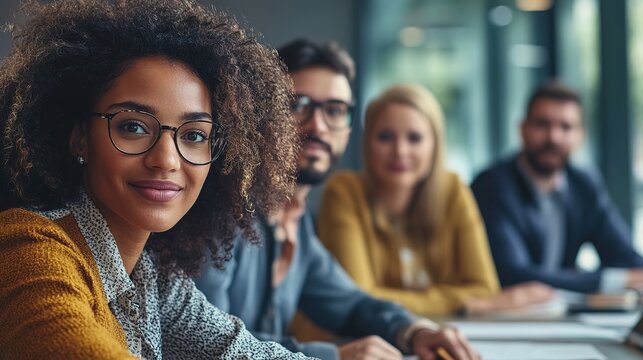 Diverse group of young professionals in a casual meeting, with a confident woman in glasses in the foreground.