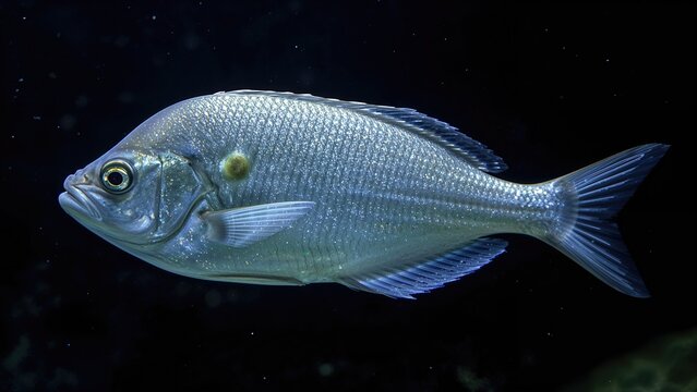 Near the water surface, a silver hatchetfish moves gracefully, its slender, side-flattened body sparkling under aquarium lighting.