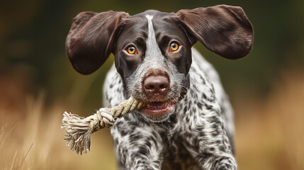 German Shorthaired Pointer dog running with a toy in its mouth  