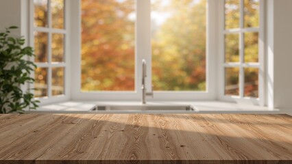 Sunlit empty wooden surface beside a window