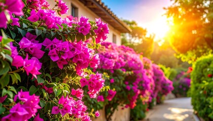 Fototapeta premium Vibrant Bougainvillea blooms in a sunny Mediterranean garden at golden hour