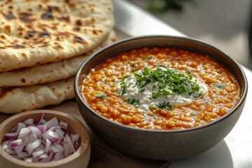 Aromatic red lentil stew topped with yogurt and fresh herbs, served with warm naan bread.