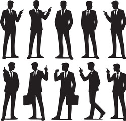 Silhouettes of Businessman character in different poses. Business man in formal suit standing front, back, rear, side view, pointing, thinking. Vector black illustrations on white background	