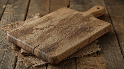 Fototapeta premium Empty old-fashioned cutting board atop timber background for food