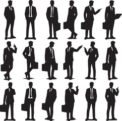 Silhouettes of Businessman character in different poses. Business man in formal suit standing front, back, rear, side view, pointing, thinking. Vector black illustrations on white background	