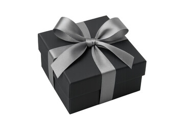 Elegant black gift box wrapped with a silver ribbon, perfect for special occasions, with transparent background
