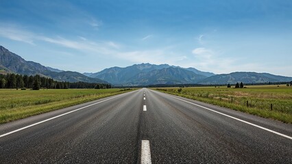 Clear asphalt path leading to elevated landscapes