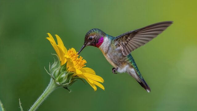 A hummingbird feeding on a vibrant yellow flower, created with AI technology