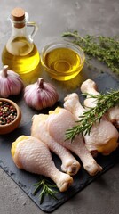 Fresh chicken drumsticks prepared with spices and ingredients on a slate board for a culinary adventure in the kitchen