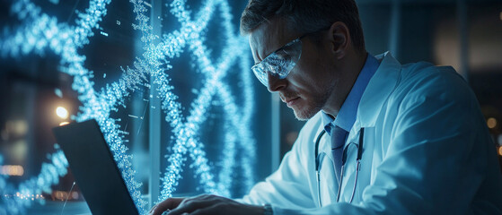 A scientist in a lab coat and glasses looks at a laptop screen with a holographic projection of DNA. Useful for scientific publications, genetics research and technology.