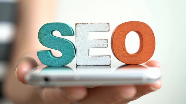 Mobile Phone Holding Symbolic Seo in Green White and Orange Lettering with Blurred Human Figure Background for Digital Marketing and Optimization