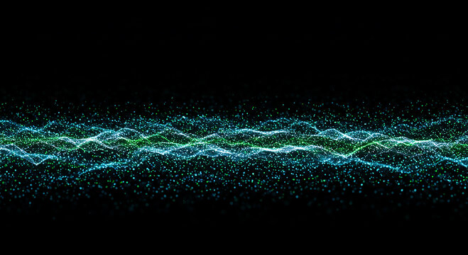 Dynamic abstract energy wave flowing with bright blue and green particles on black background