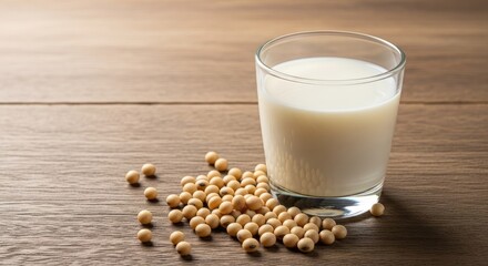a glass of white milk and nuts on the table