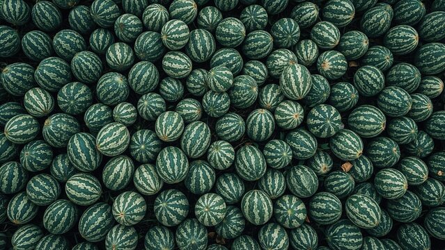 Overhead shot of a large-scale watermelon crop with ripe produce awaiting collection in the late summer season