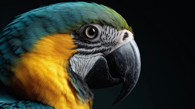 Colorful parrot portrait showcasing vibrant feathers and expressive features in a dark studio setting