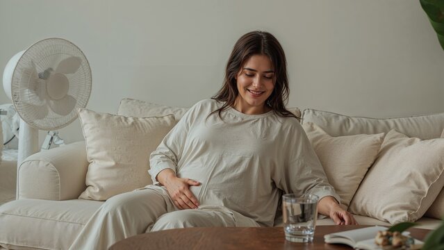A woman in advanced pregnancy finds comfort with a fan amid scorching temperatures