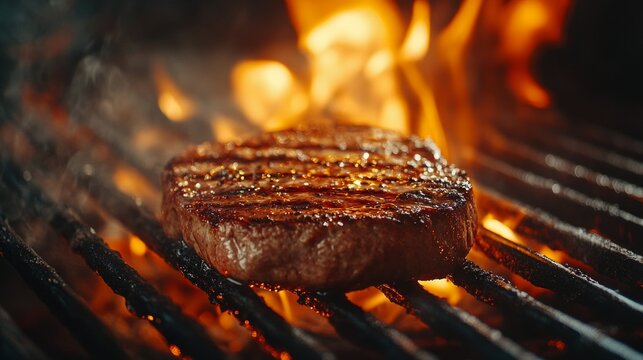 Grilled steak with juicy fat drippings, good for cooking blogs and restaurant advertising.