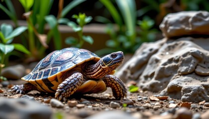 a turtle walking in a natural environment with foliage and rocks around it