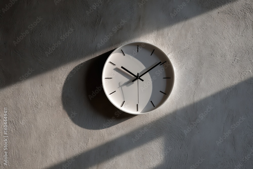 Poster minimalist clock on wall casting shadows, time passing; use blog, website header