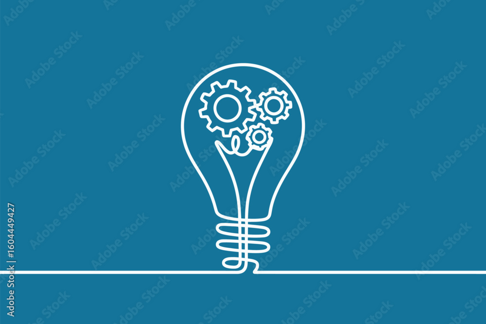 Poster a single line drawing of a lightbulb with gears inside on a blue background and a horizontal line be
