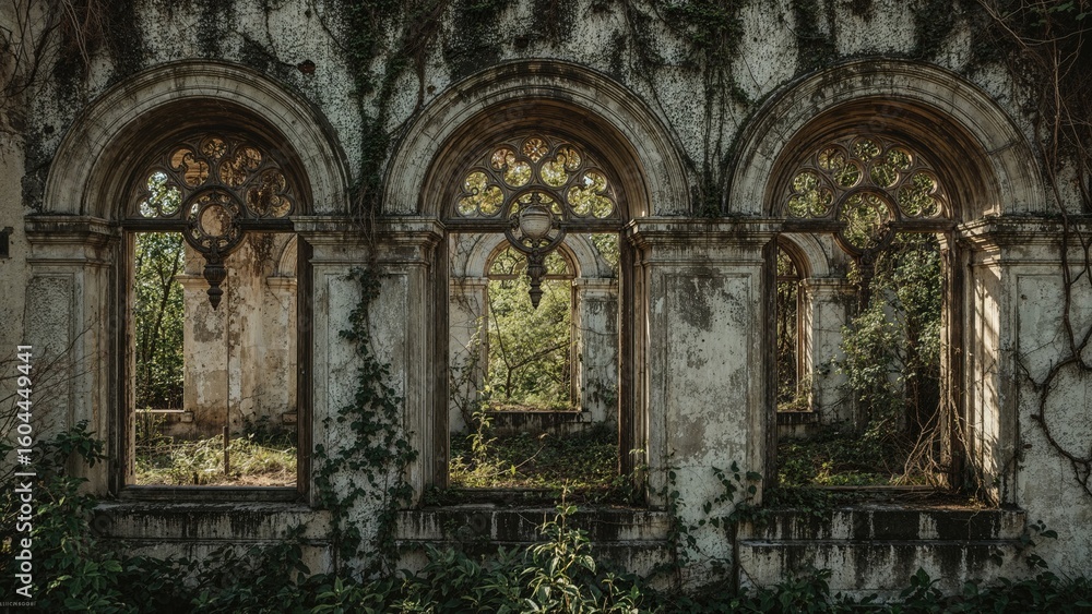 Poster desolate ancient construction displaying fractured arched window frames.