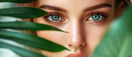 Close-up of female eyes with long eyelashes, partially hidden by green leaves. Useful in cosmetic advertising, design of blogs about beauty and nature.