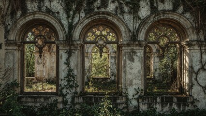 Obraz premium Desolate ancient construction displaying fractured arched window frames.